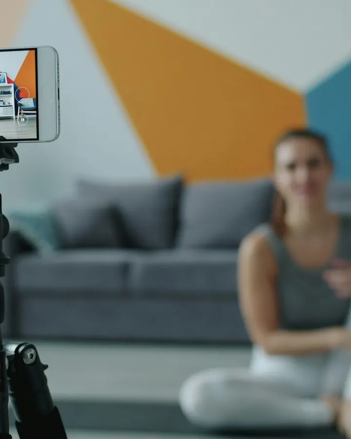 A fitness instructor filmed by a phone on a tripod in a bright living room